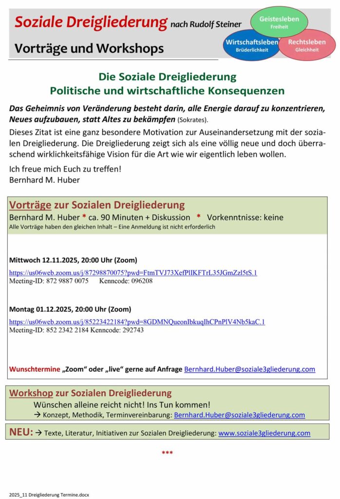 Online Vorträge November: Die Soziale Dreigliederung Politische und wirtschaftliche Konsequenzen